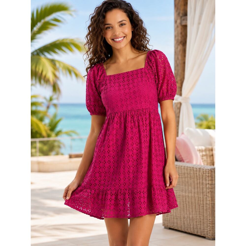 La Blanca Pink Eyelet Mini Dress Swim Cover Up Resort Beach NWT